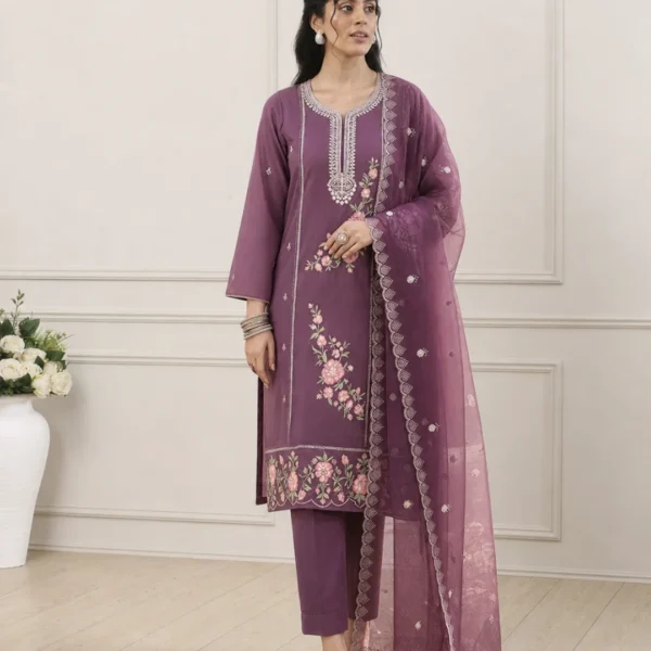 Premium Mix Cotton Pakistani Suit Set with Organza Dupatta – 3 Piece Embroidered Suit (Dusty Purple)