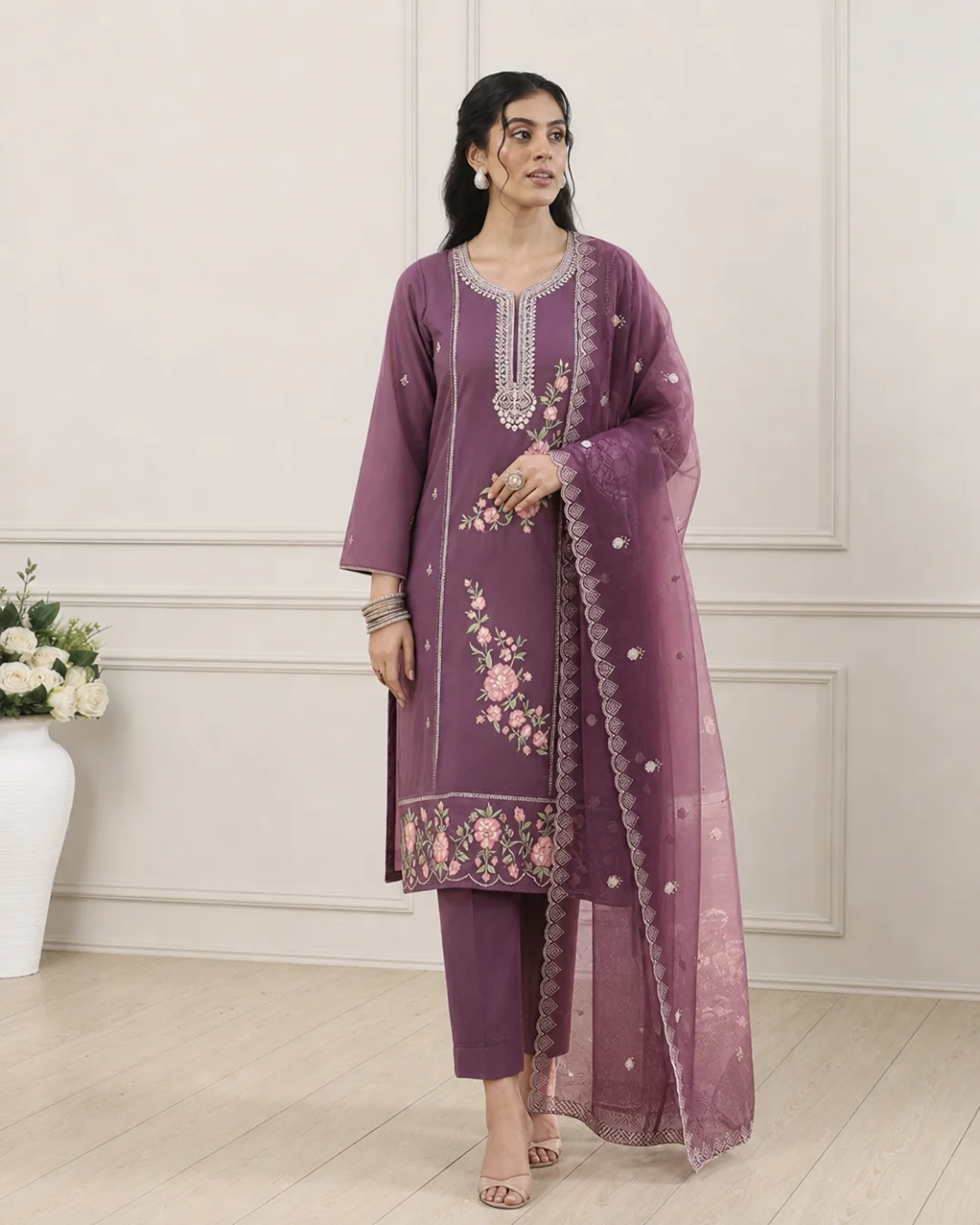 Premium Mix Cotton Pakistani Suit Set with Organza Dupatta – 3 Piece Embroidered Suit (Dusty Purple)