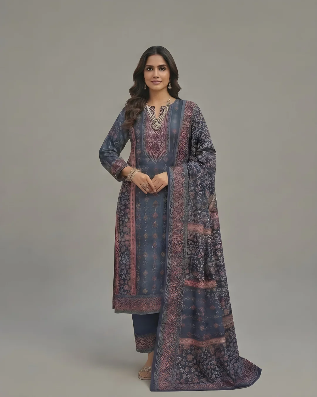 Indigo Blue Stitched Woolen Printed Suit Set