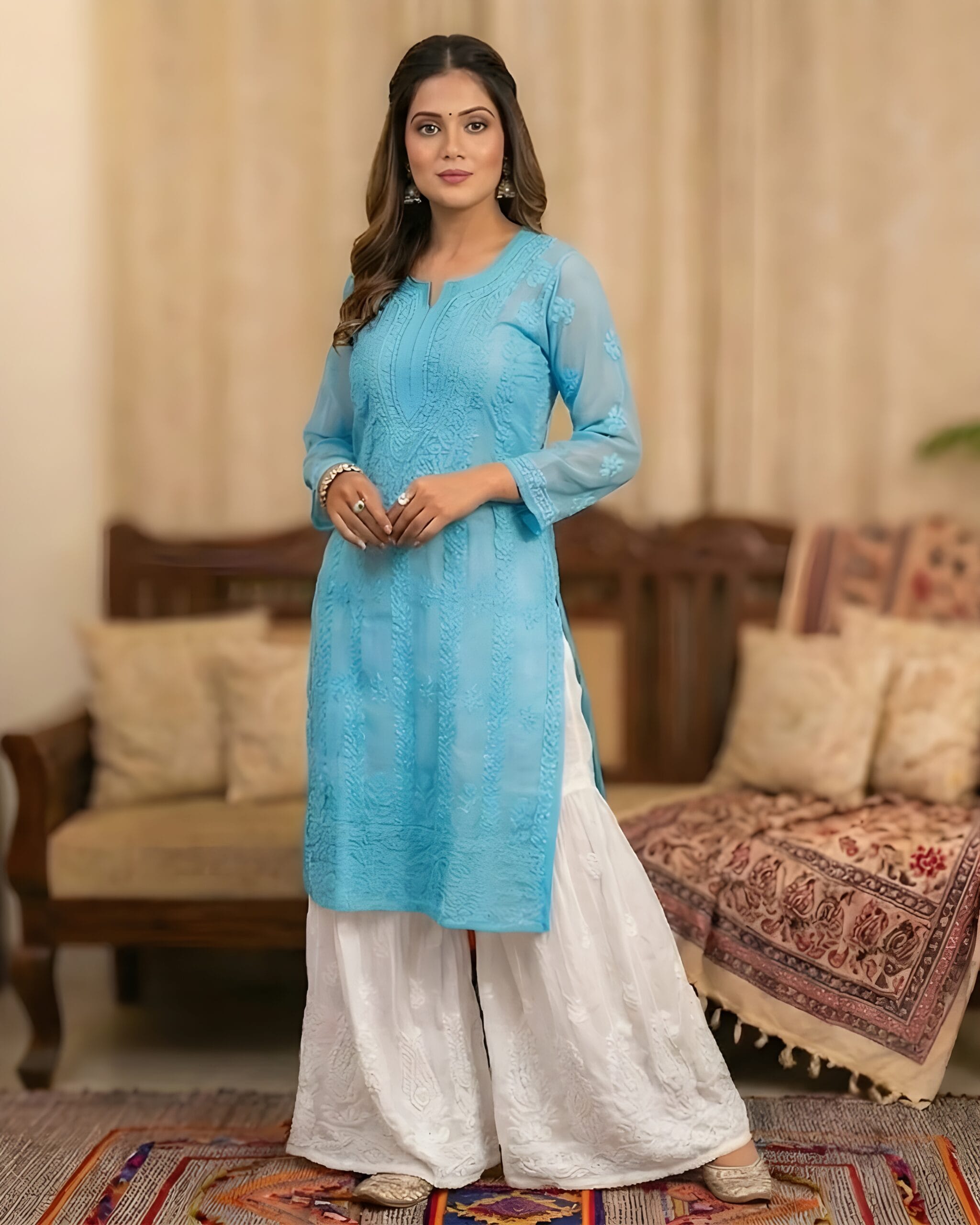 Chikankari Anarkali Kurti with Inner (Pink & Sky Blue)