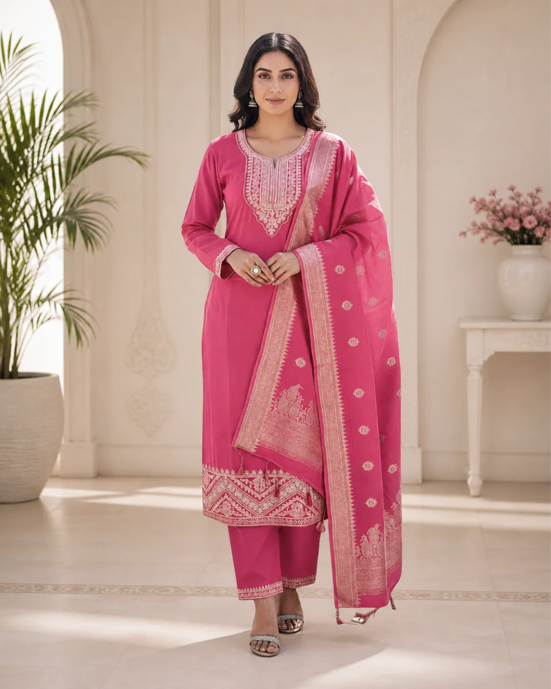 Premium Chanderi Cotton Embroidered Ethnic Suit Set with Banarasi Dupatta (Rani Pink)