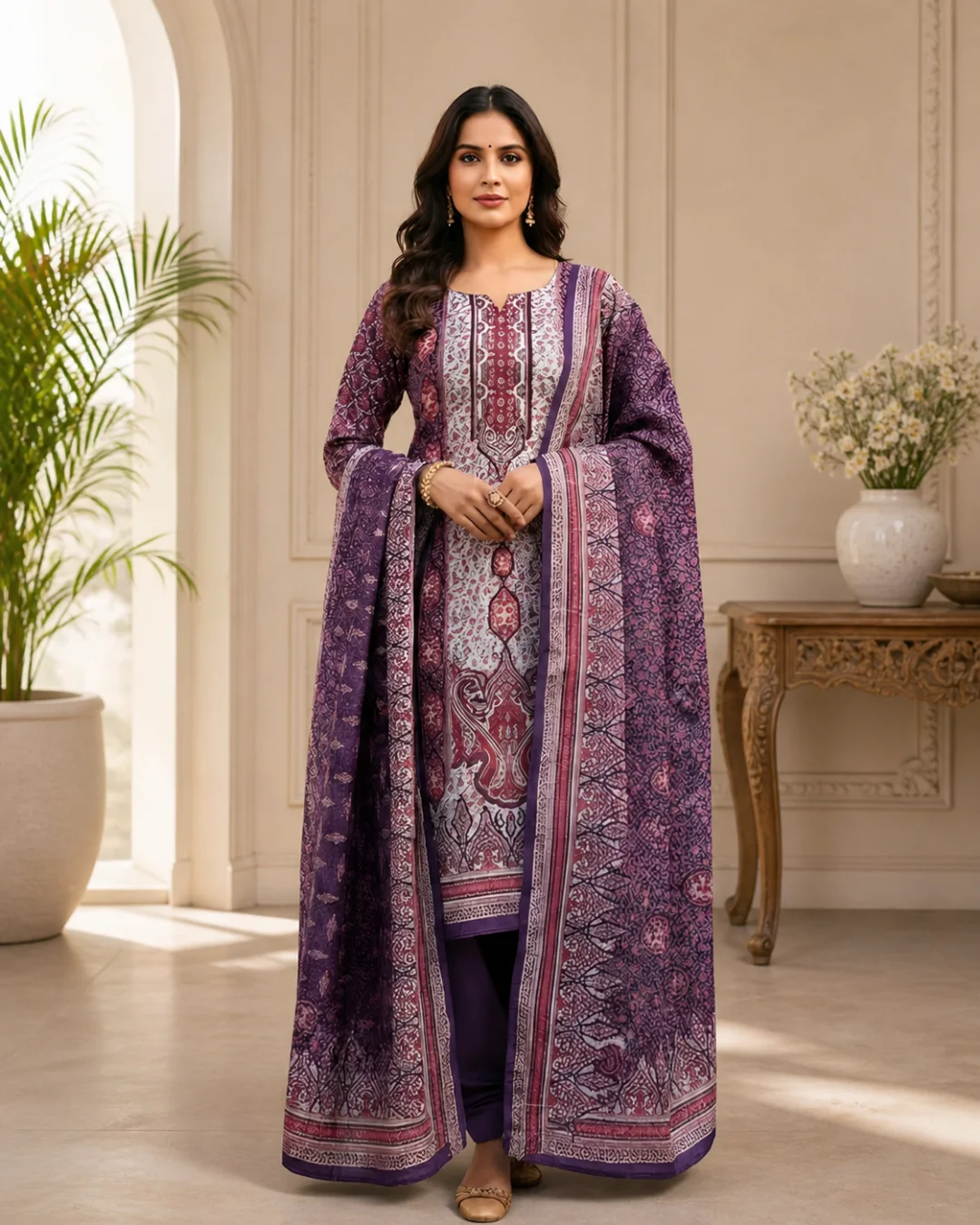 Plum Purple Printed Velvet Woolen Suit (Unstitched)