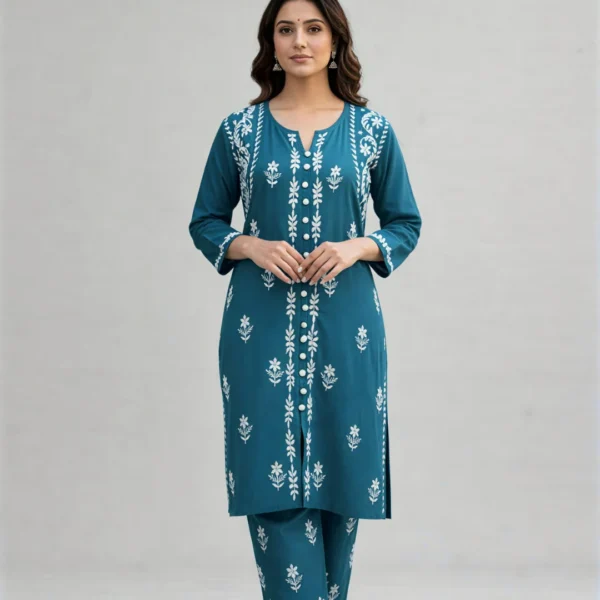 Chikankari Embroidered Suit without Dupatta (Blue & Pink)
