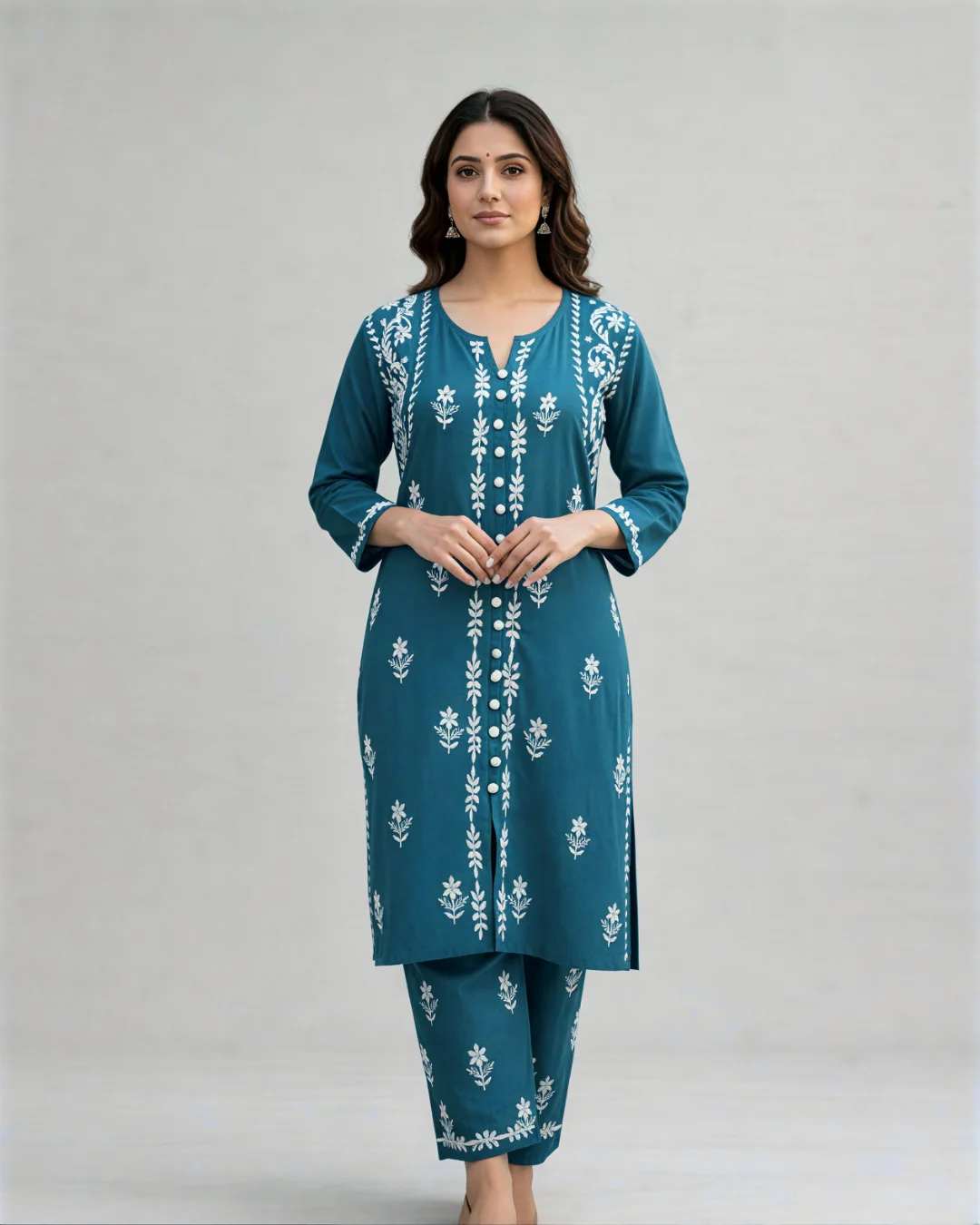 Chikankari Embroidered Suit without Dupatta (Blue & Pink)