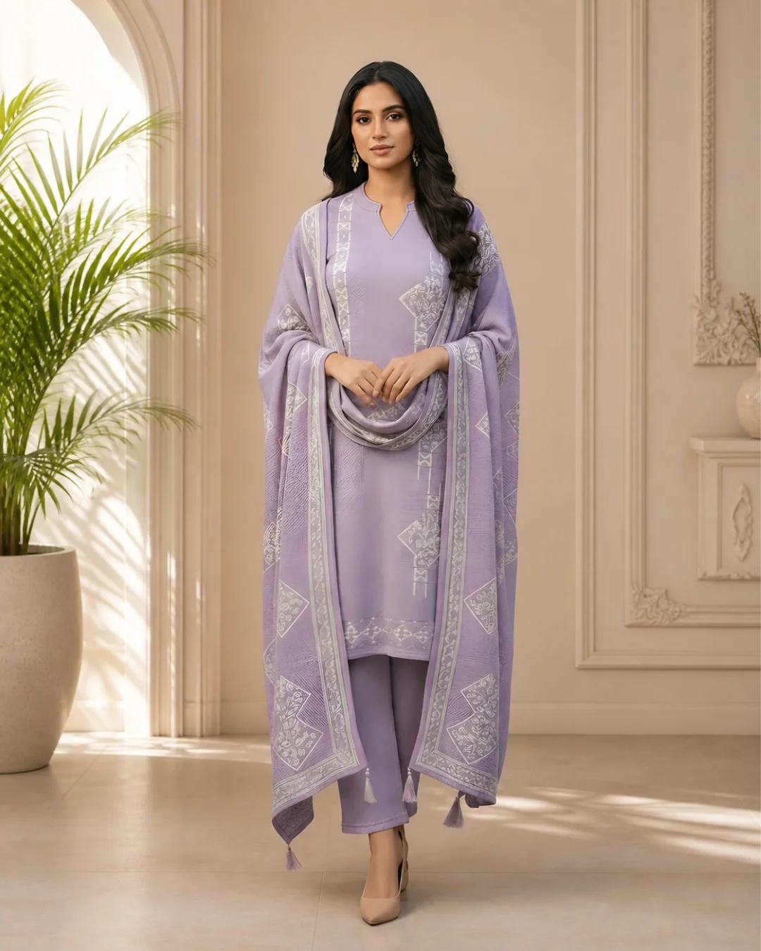 Pastel Purple Stitched Woolen Kurti Plazo Suit with Dupatta