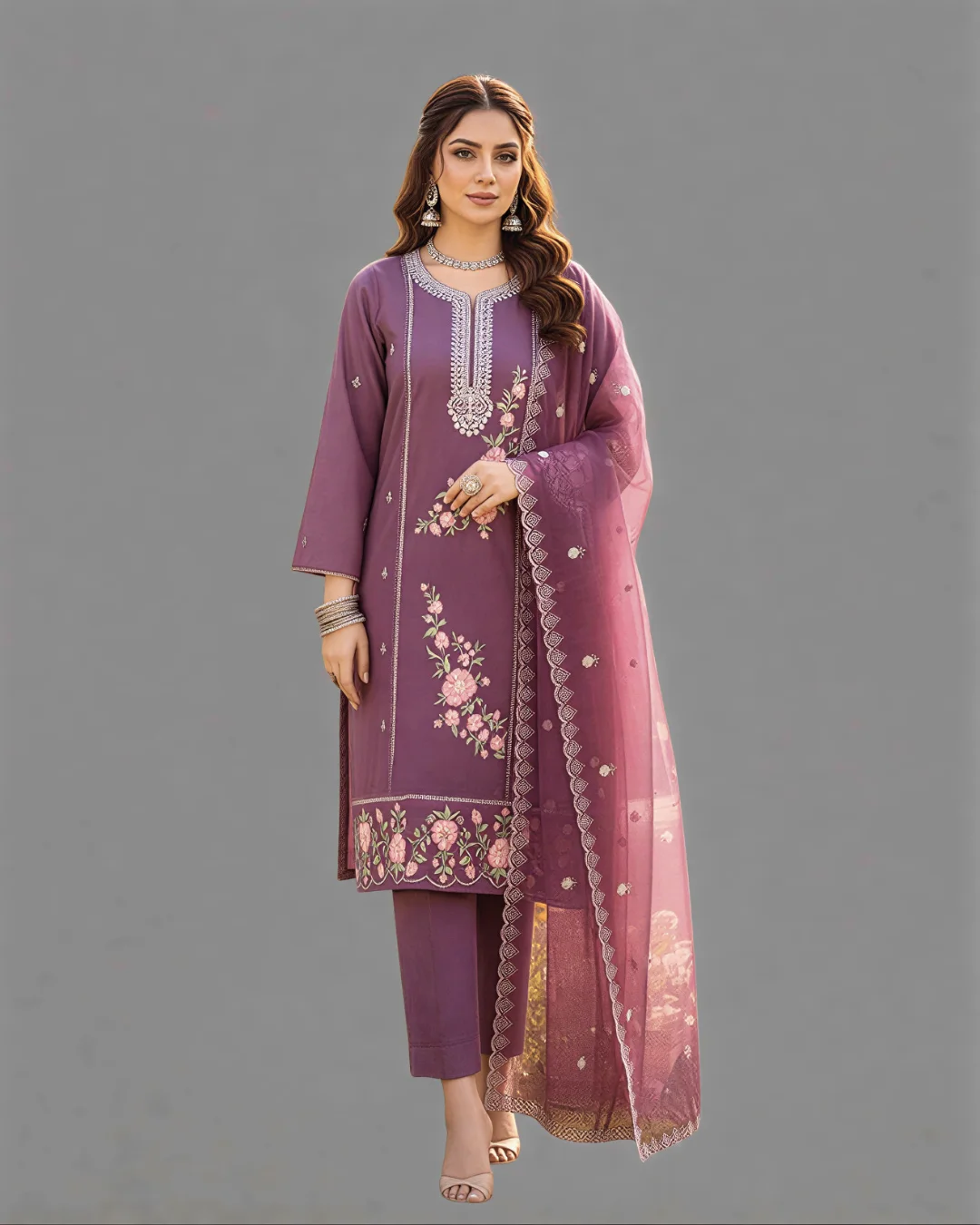 Premium Mix Cotton Pakistani Suit Set with Organza Dupatta – 3 Piece Embroidered Suit (Dusty Purple)
