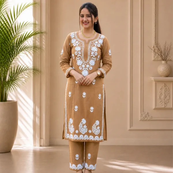 Lucknowi Chikankari Suit Without Dupatta – Dark Cream