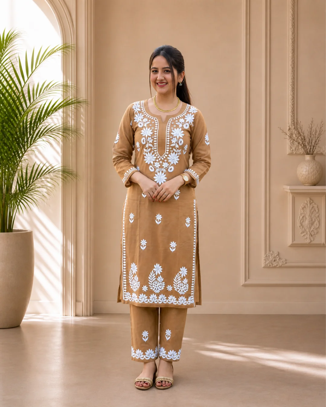 Lucknowi Chikankari Suit Without Dupatta – Dark Cream