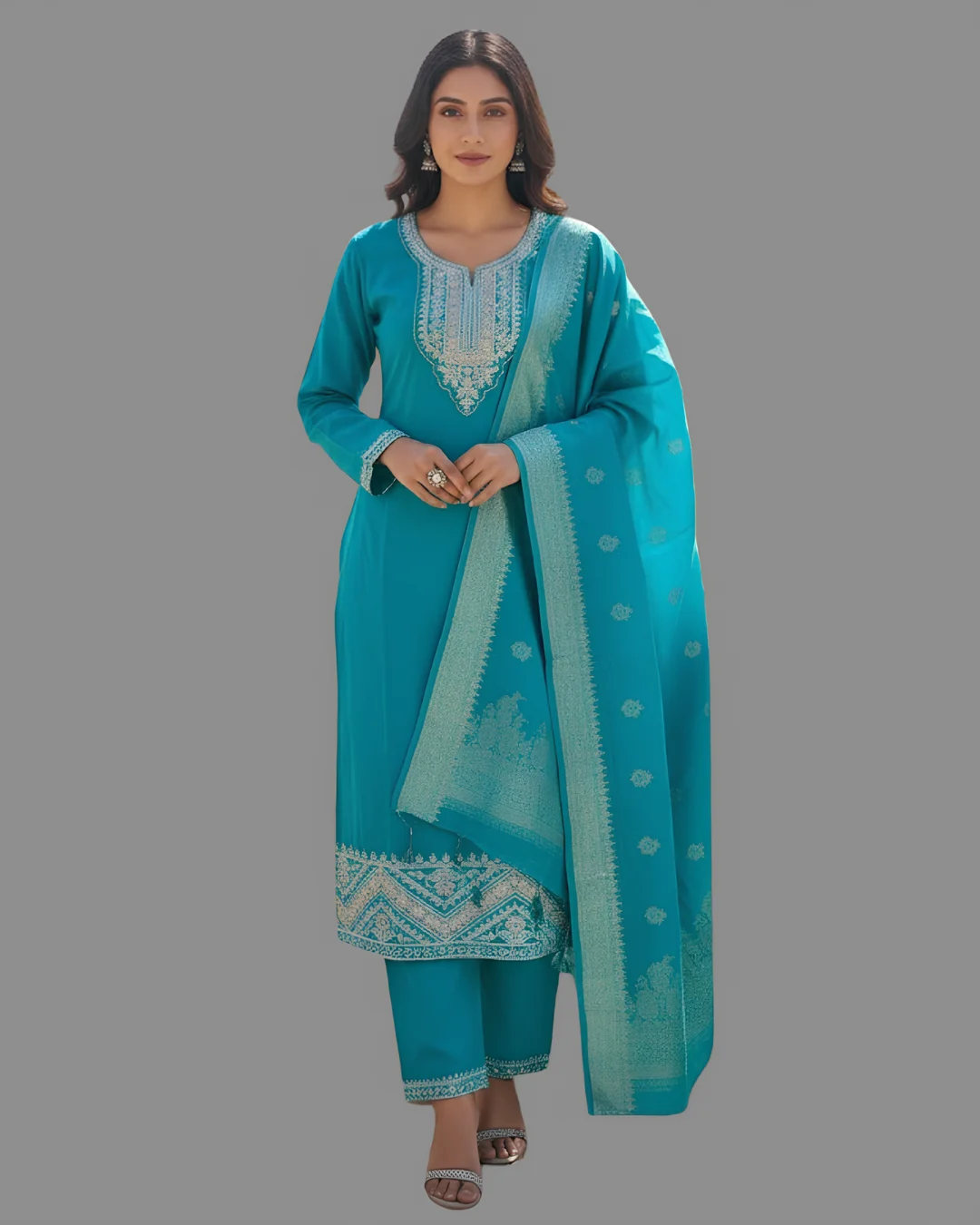 Premium Chanderi Cotton Embroidered Ethnic Suit Set with Banarasi Dupatta (Turquoise Blue )