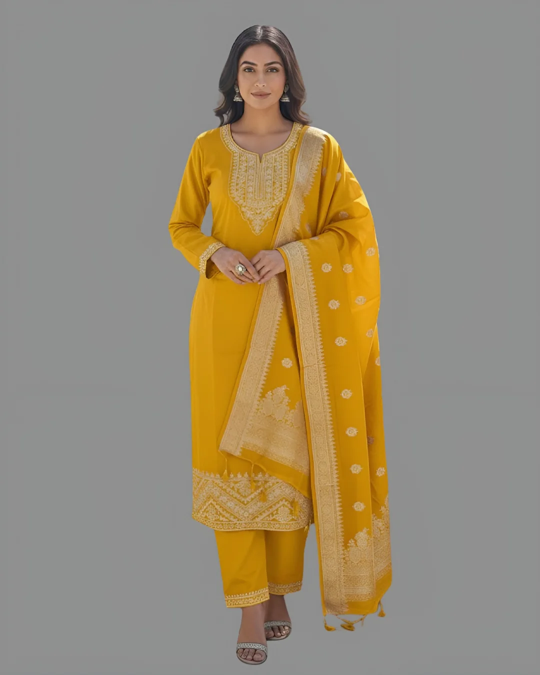 Premium Chanderi Cotton Embroidered Ethnic Suit Set with Banarasi Dupatta (Mustard Yellow)