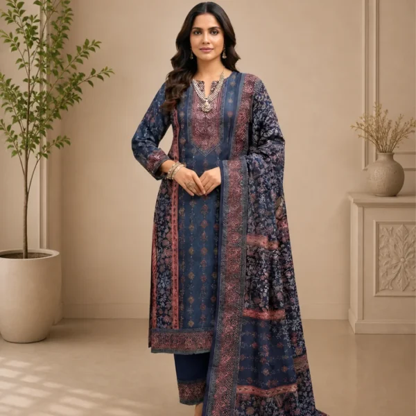 Indigo Blue Stitched Woolen Printed Suit Set