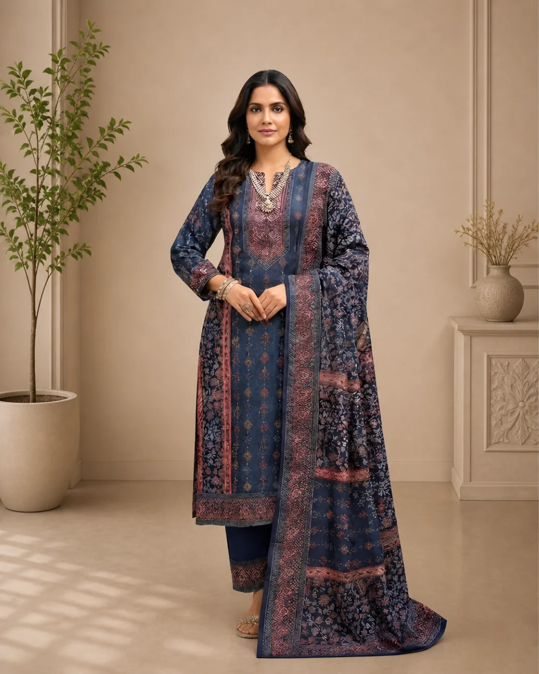 Indigo Blue Stitched Woolen Printed Suit Set