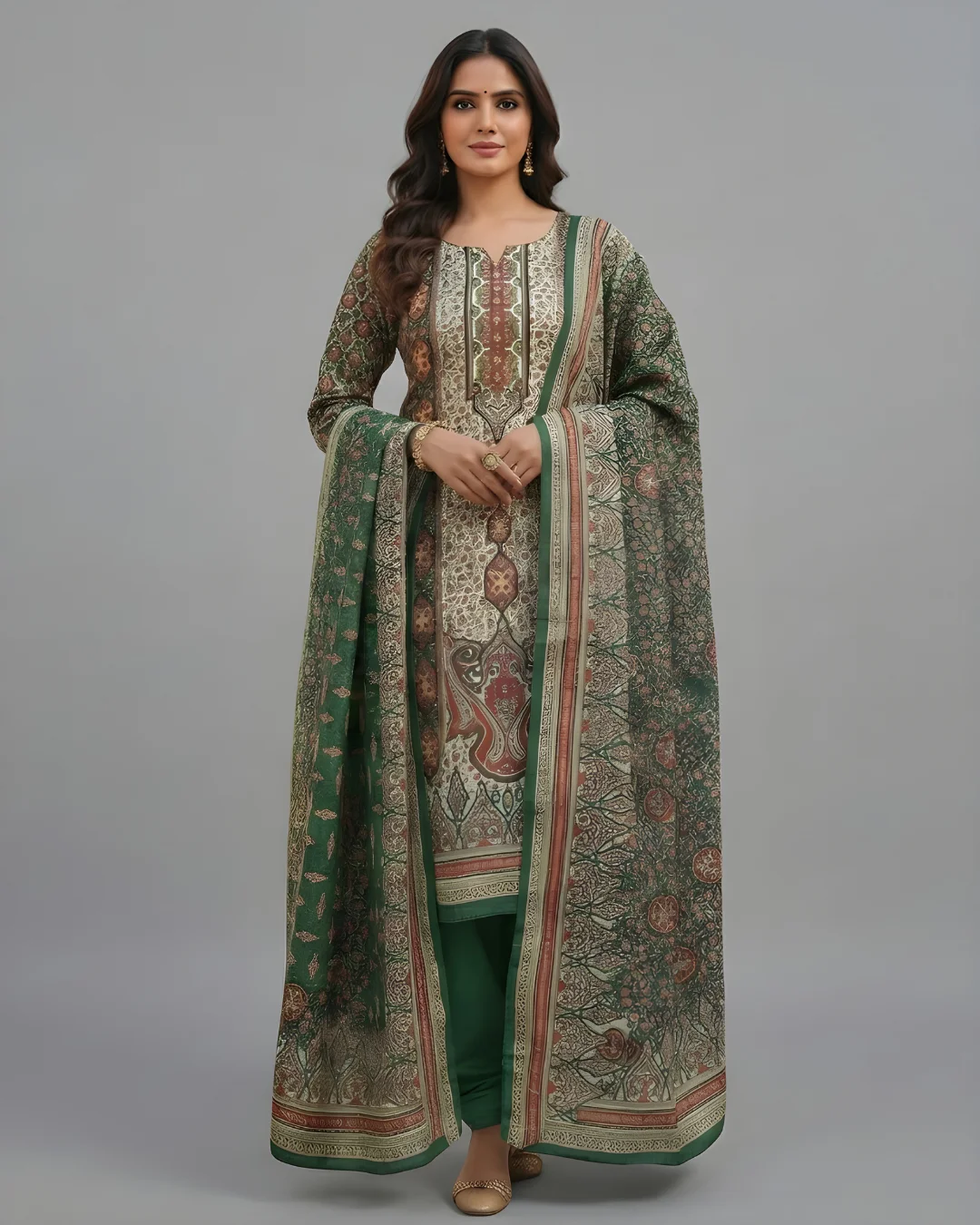 Bottle Green Velvet Woolen Unstitched Suit (Unstitched)