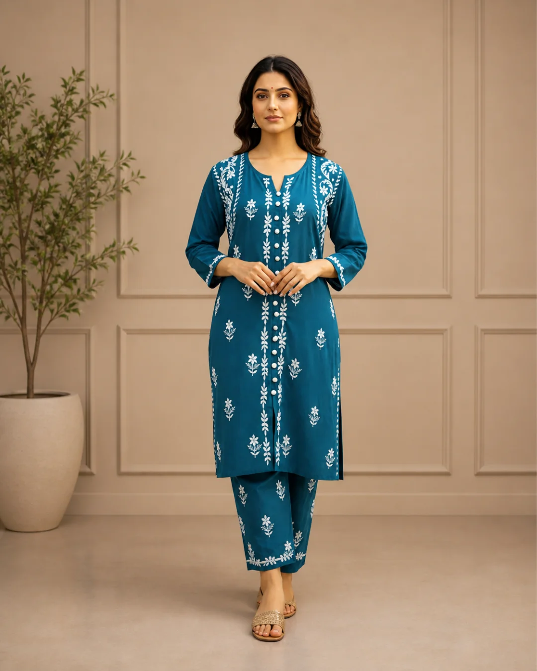 Chikankari Embroidered Suit without Dupatta (Blue & Pink)