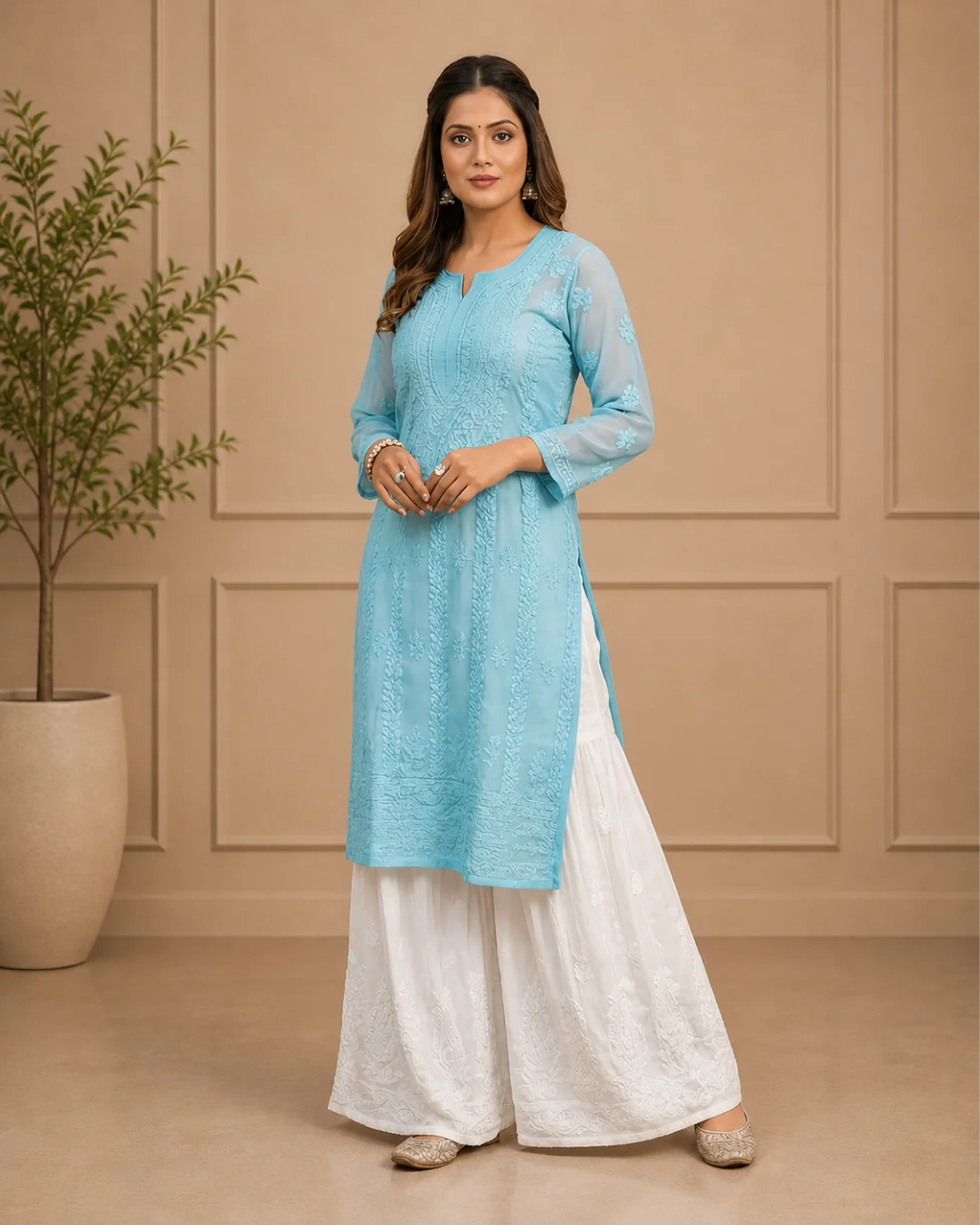 Chikankari Anarkali Kurti with Inner (Pink & Sky Blue)