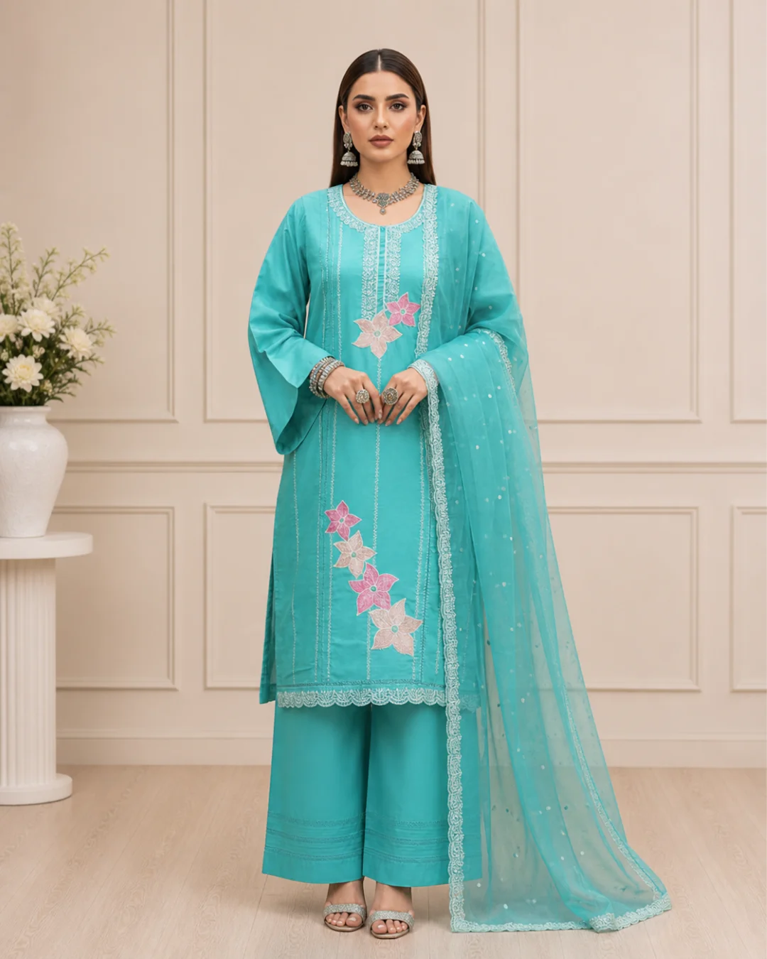 Premium Mix Cotton Pakistani Suit Set with Organza Dupatta – 3 Piece Embroidered Suit (Aqua Blue)