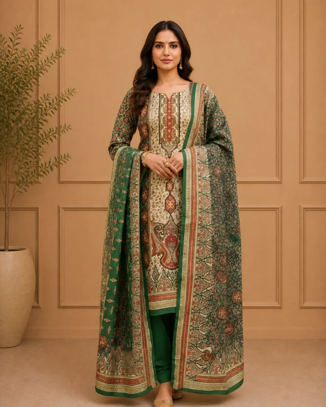 Bottle Green Velvet Woolen Unstitched Suit (Unstitched)
