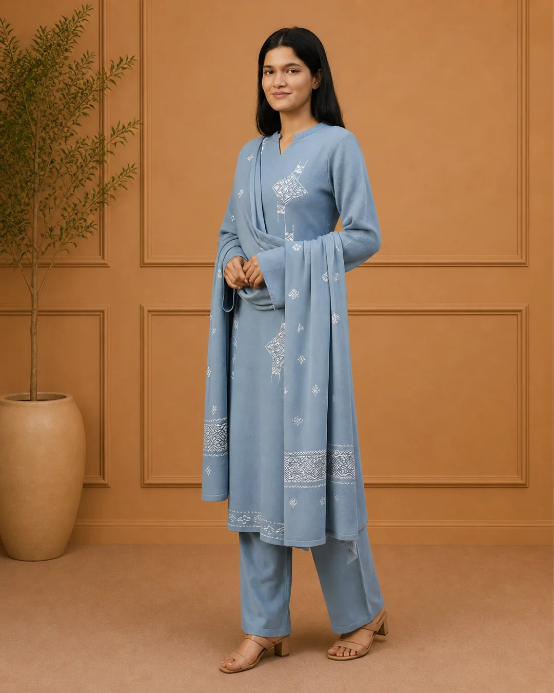 Blushing Grey Stitched Woolen Kurti Plazo Suit with Dupatta