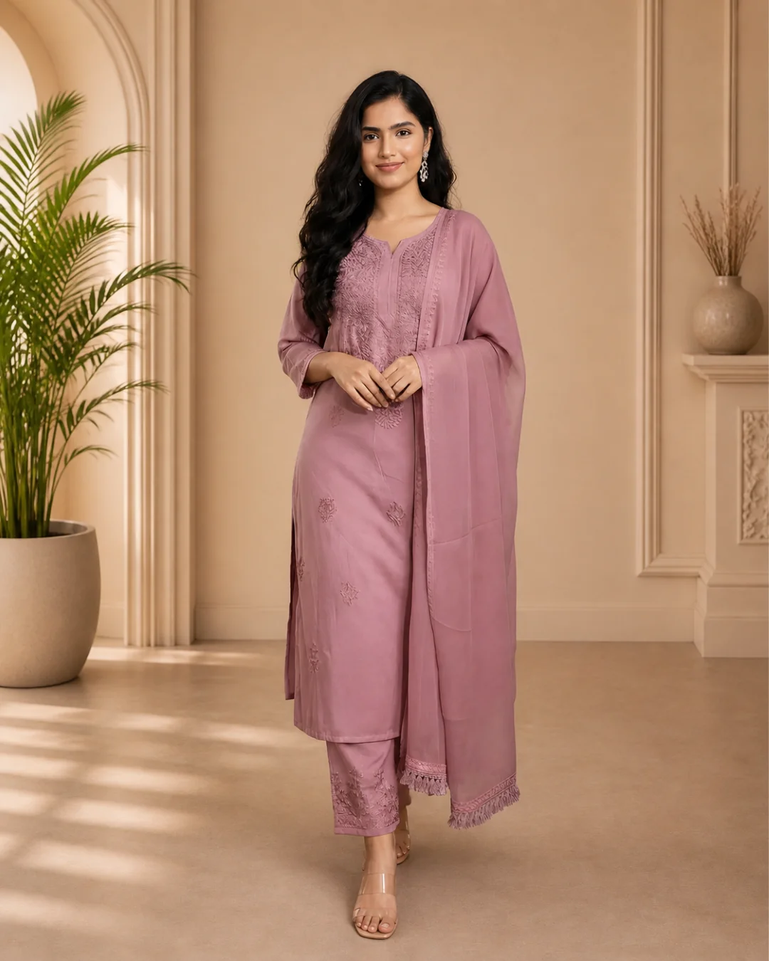 Lucknow Chikankari Suit with Dupatta – Pink Shades