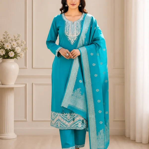 Premium Chanderi Cotton Embroidered Ethnic Suit Set with Banarasi Dupatta (Turquoise Blue )