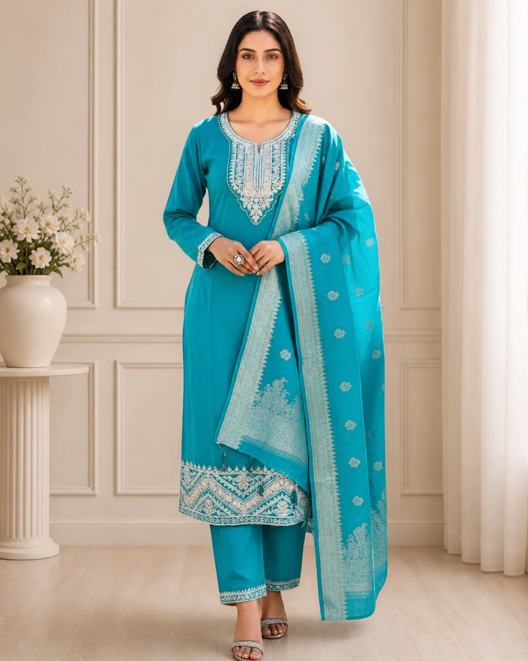 Premium Chanderi Cotton Embroidered Ethnic Suit Set with Banarasi Dupatta (Turquoise Blue )