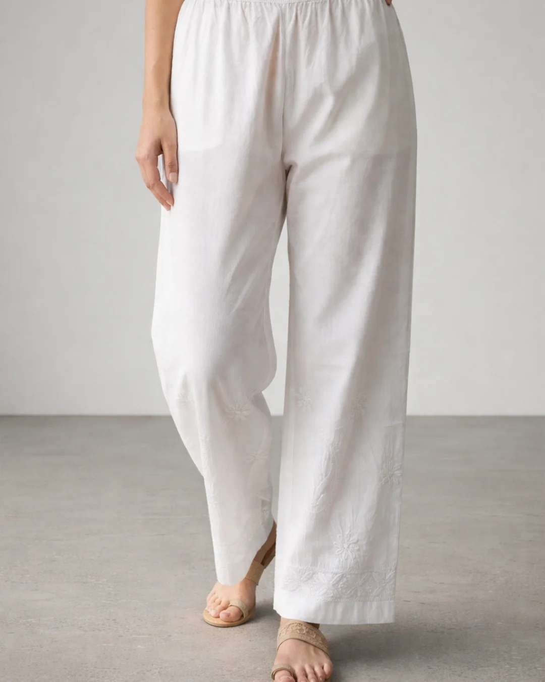Lucknowi Chikankari White Cotton Pant | Hand-Embroidered Ethnic Wide-Leg Pants