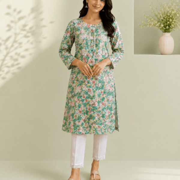 TWT Cotton Floral Chikankari Women’s Kurti – Sage Green
