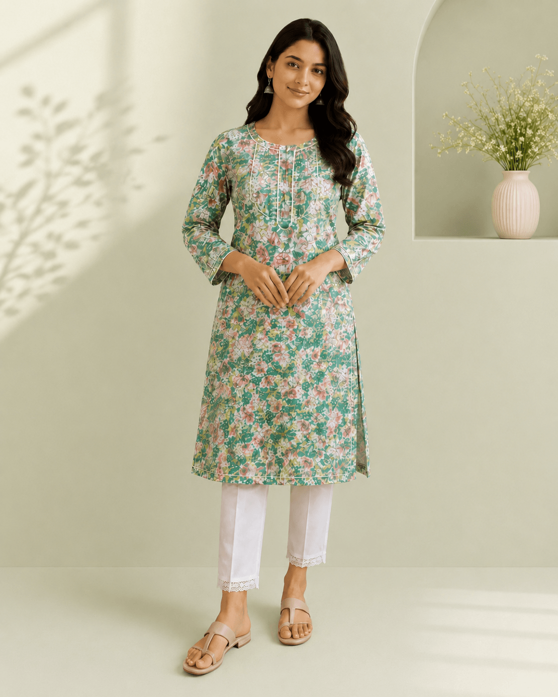 TWT Cotton Floral Chikankari Women’s Kurti – Sage Green
