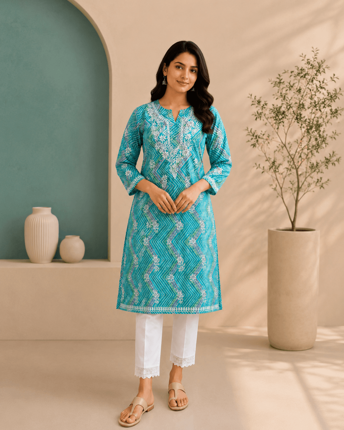 TWT Cotton Chevron Chikankari Women’s Kurti – Aqua Blue