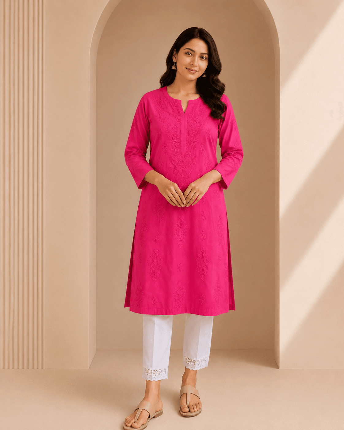 TWT Cotton Chikankari Embroidered Women’s Kurti – Rani Pink