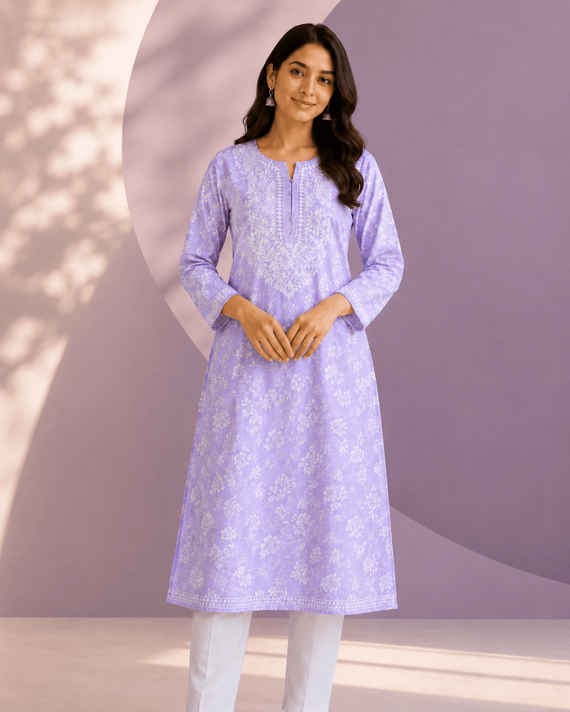 TWT Cotton Floral Chikankari Women’s Kurti – Lavender