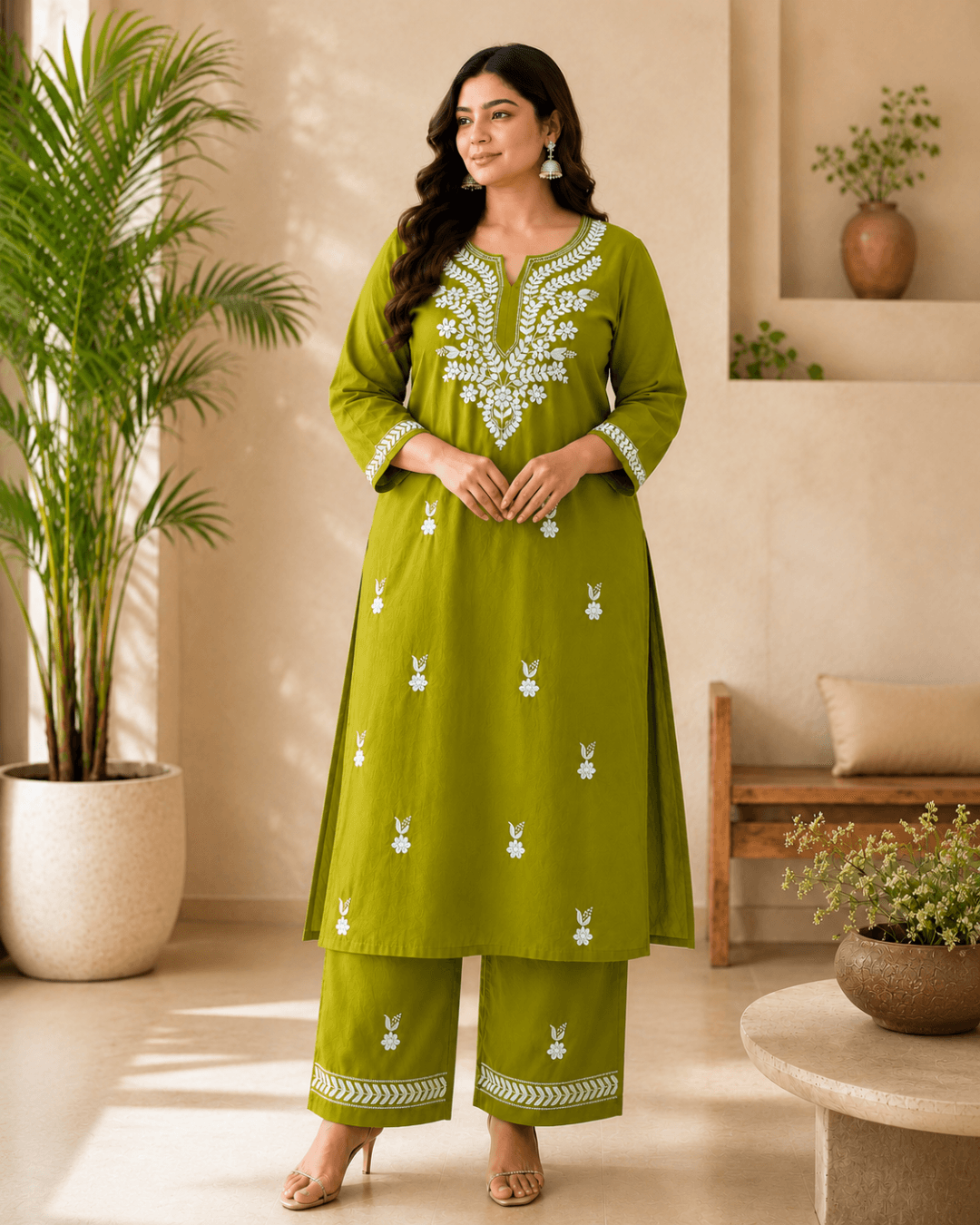 Olive Green Chikankari Embroidered Kurta Palazzo Set for Women
