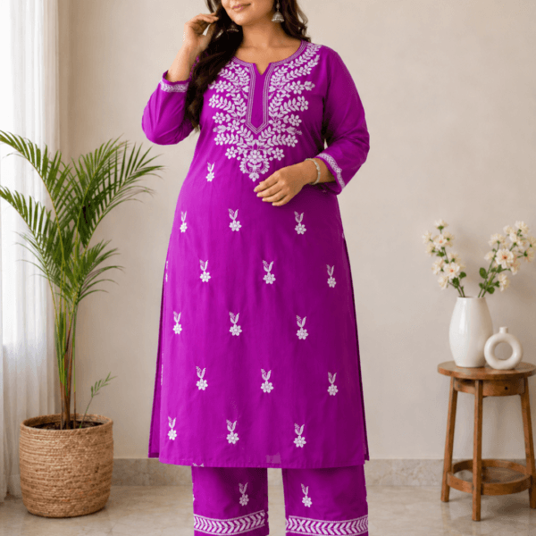 Plus Size Magenta Purple Embroidered Kurta Palazzo Set for Women