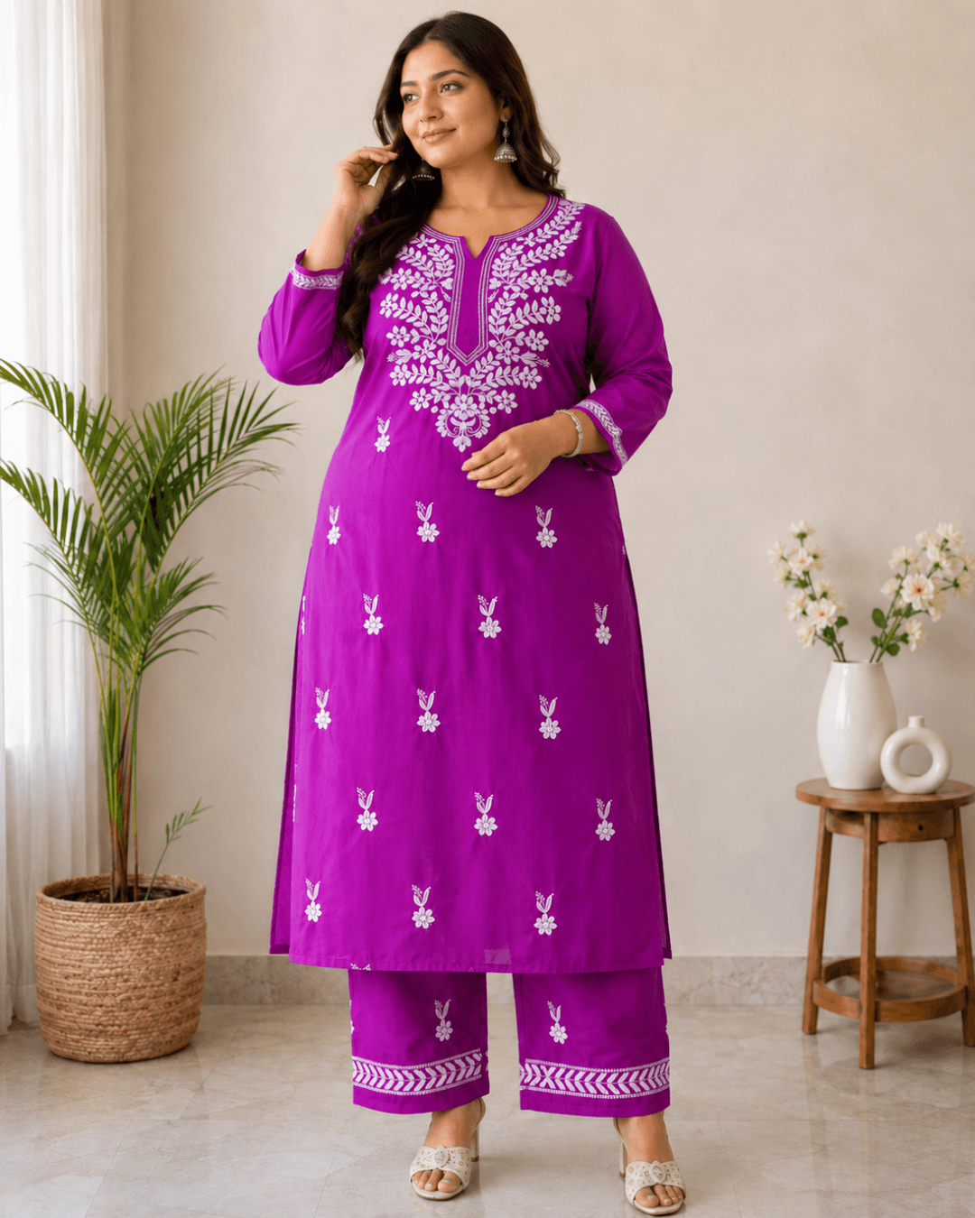 Plus Size Magenta Purple Embroidered Kurta Palazzo Set for Women