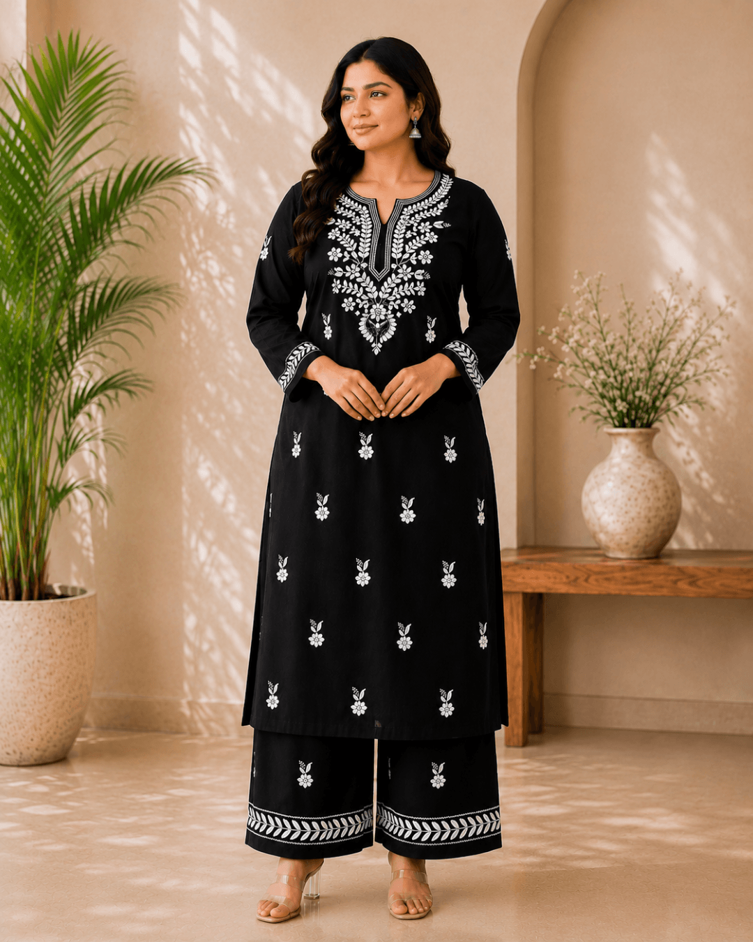 Classic Black Embroidered Kurta Palazzo Set for Women