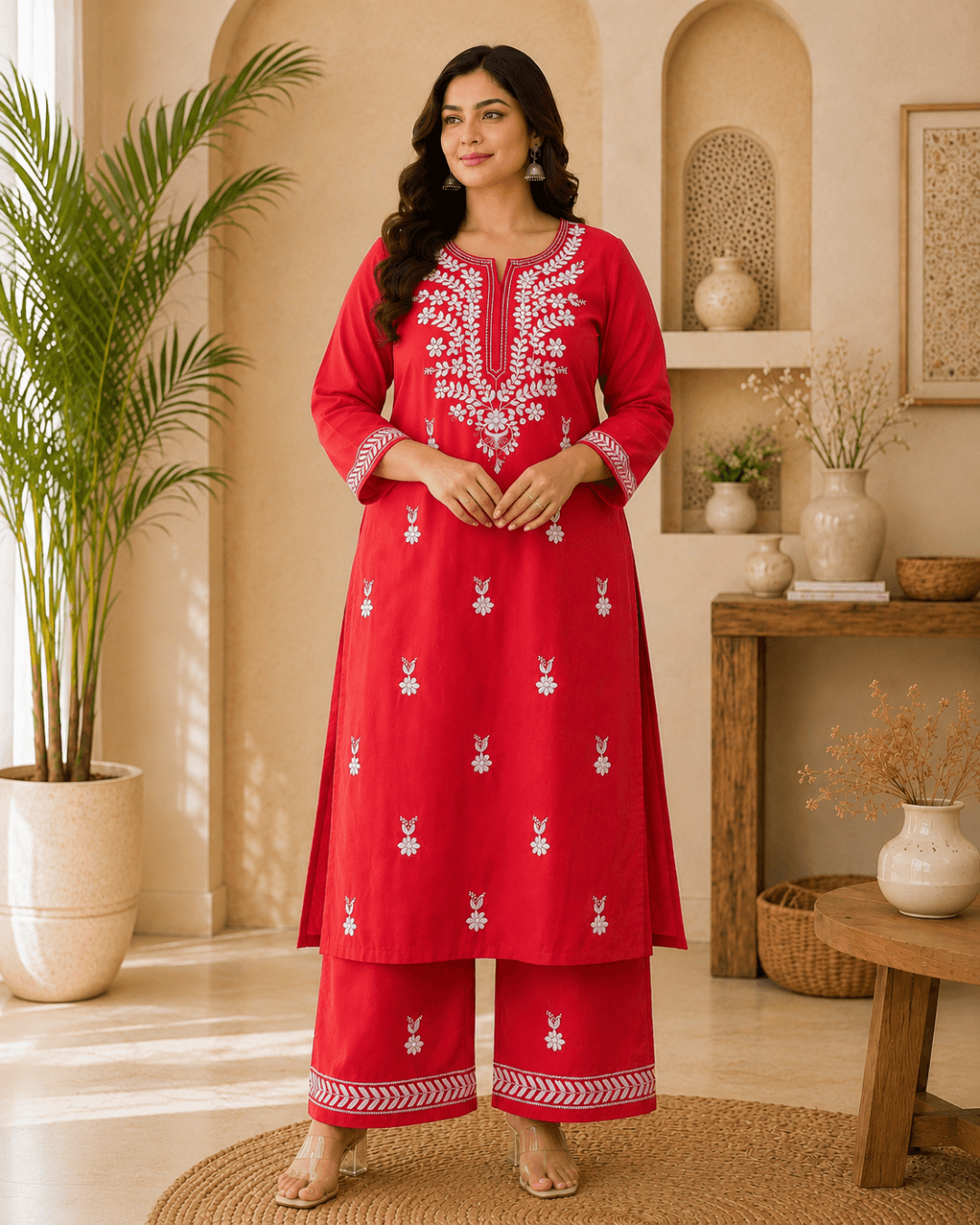 Ruby Red Embroidered Kurta Palazzo Set for Women