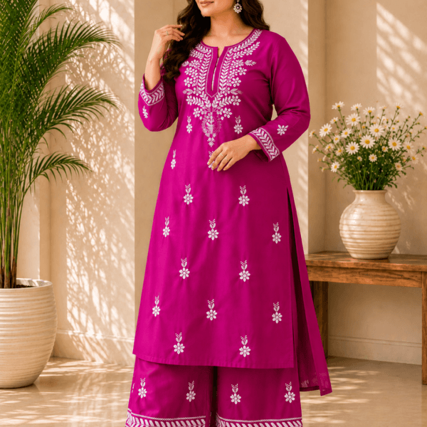 Magenta Pink Embroidered Kurta Palazzo Set for Women
