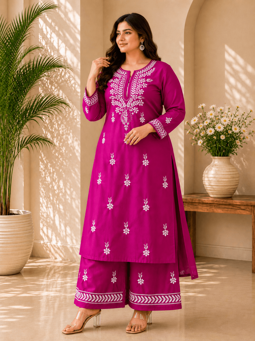 Magenta Pink Embroidered Kurta Palazzo Set for Women